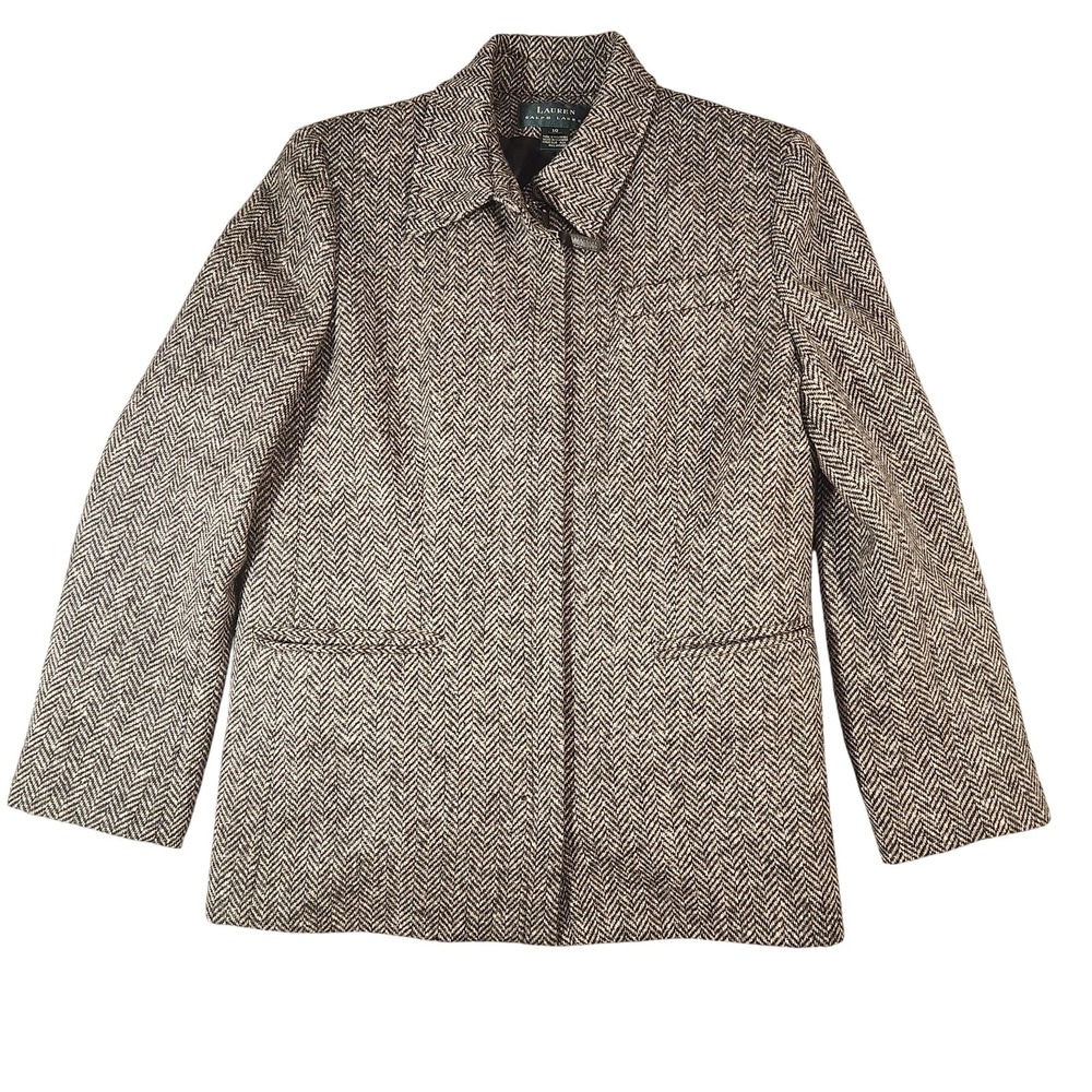Lauren Ralph Lauren Jacket Womens 10 Black White Herringbone Lambswool Zip Lined